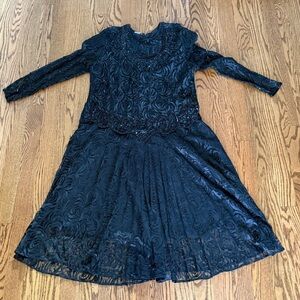 Vintage Gunit Black Beaded Lace Dress Long Sleeve Drop Waist Sz 1X Made in India